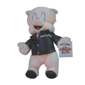 Looney Tunes Vintage Porky Pig Plush Stuffed Animal Faux Leather Jacket 1994 NWT